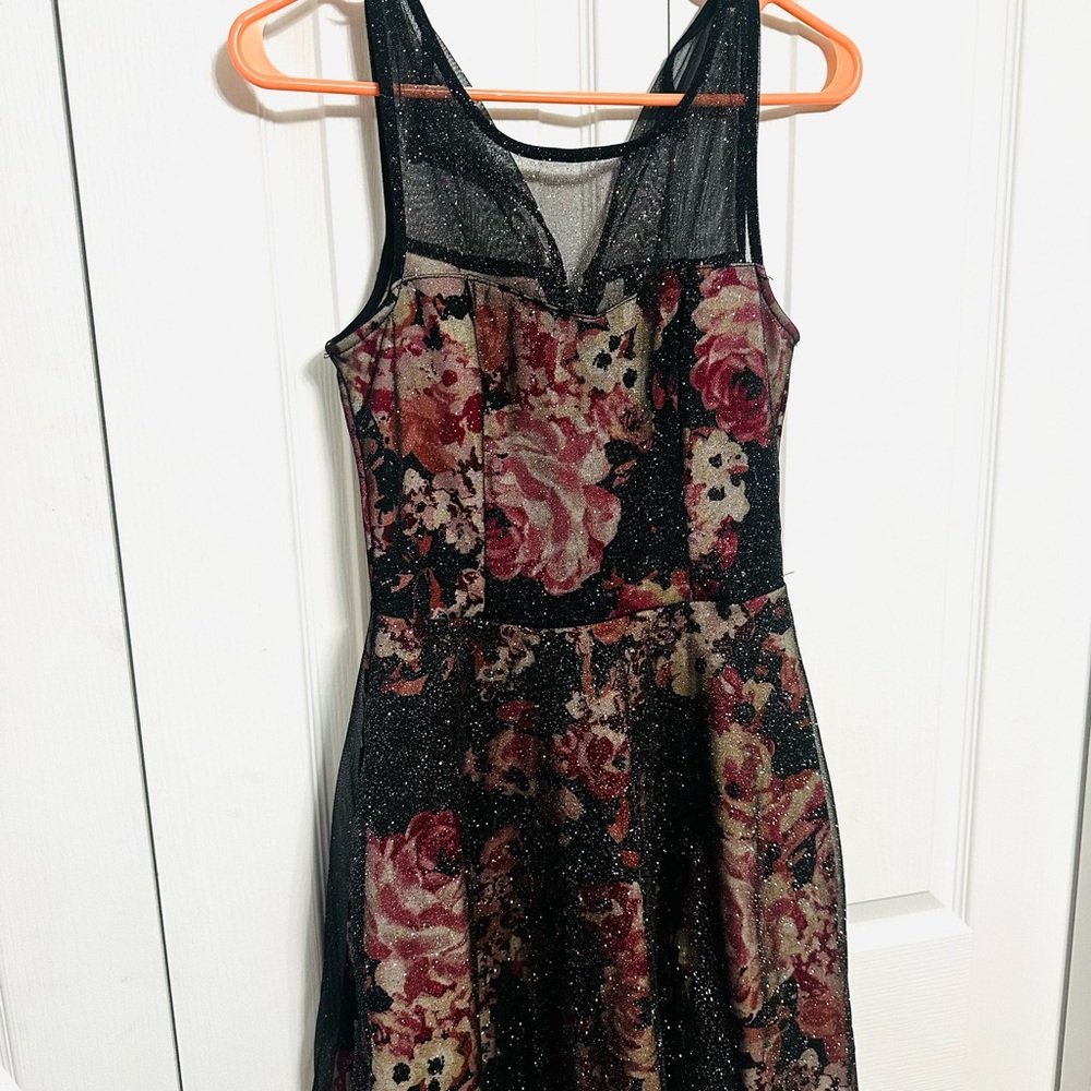 Trixxi Black Floral Mesh Mini Dress with Burgundy Roses and Sparkle Overlay